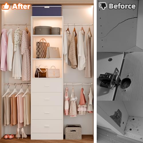 Closet System, Closet Organizer System With 4 Wood Drawers, Walk-In Closet Storage System With 4 Hanging Rods, Adjustable Cloth Garment Rack, Fits Spaces 3 to 5FT, White - color: 4 drawer 3 shelve, size: 1 PC