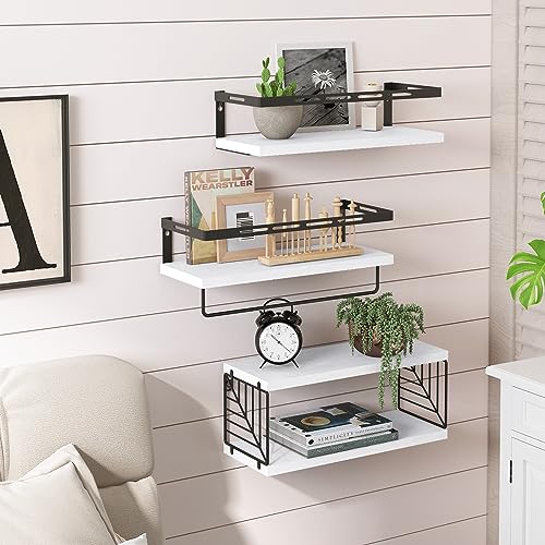 Fixwal Wall Mounted Bathroom Shelves Over Toilet, Rustic Wood Floating Shelves with Metal Frame and Towel Bar for Bathroom, Kitchen, Bedroom, Living Room (White) - color: 4-white