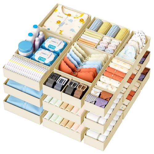 DIMJ Drawer Organizer Clothes - 18 Pack Baby Dresser Organizer for Nursery, Foldable Drawer Organizer Bins for Closet Bedroom Organization, Fabric Clothes Storage Dividers for Underwears, Socks, Bras - color: Beige, size: 18 Pack
