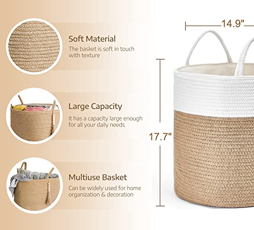 Mkono Woven Storage Basket Decorative Rope Basket Wooden Bead Decoration for Blankets,Toys,Clothes,Shoes,Plant Organizer Bin with Handles Living Room Home Decor, 15"Wx17.7"L,White and Yellow - color: Cream White and Brown, size: 15"W x 17.7"L