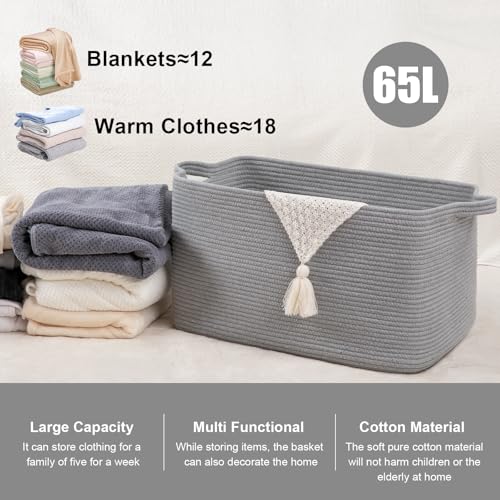 95L Cotton Rope Large Blanket Basket (24" x 16.9" x 14.2") for Living Room, Kids Room & Laundry, Storage Basket with Handle for Organizing Blankets, Pillows, Clothes & Toys, Light Grey - color: Light Grey, size: 24"x16.9"x14.2"