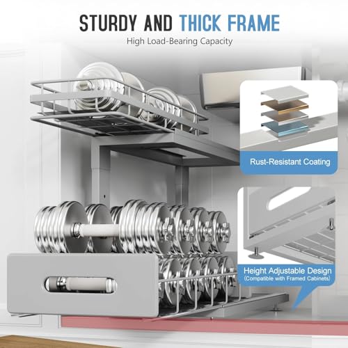 Under Sink Organizer Upgrade To Professional Rails,2-Tier Dual Pull Out Cabinet Storage,Height Adjustable Slide Out Drawers For Bathroom Kitchen,2 Pack-16.7"Dx12.8"-16.9"H,Gun Gray - color: Gun Gray, size: 2 Pack-16.7"Dx12.8"-16.9"H