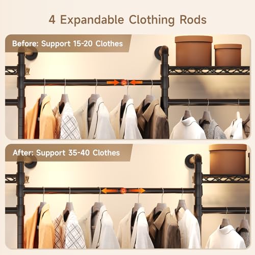Wall Mounted Garment Rack, Walk-in Closet System with Expandable Rods, Adjustable Shelves, Industrial Pipe Clothing Racks, Hanging Clothes Organizers and Storage, Metal Closet Shelving Wardrobe - color: Black