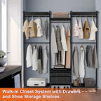 Wall-Mounted Steel & Wood Closet Organizer System with 4 Adjustable Shelves, 5 Hanging Rods, and 2 Drawers – Modern Open Wardrobe, Black - color: BC03-black
