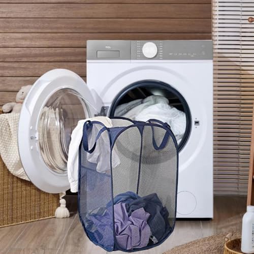 Pop up Laundry Hamper, Foldable Mesh Clothes Hamper for Kids Room, College Dorm or Travel, Collapsible Laundry Basket for Storage, Blue - color: Navy Blue