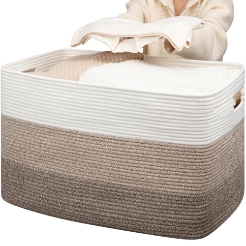 OIAHOMY 118L Extra Large Blanket Basket, Rectangle Woven Cotton Rope Storage Basket,Used for storing Dirty Clothes, Stuffed Animal Toy Storage for Living Room,Kids Room,25" x 17" x 16", Gradient Brown - color: Gradient Brown