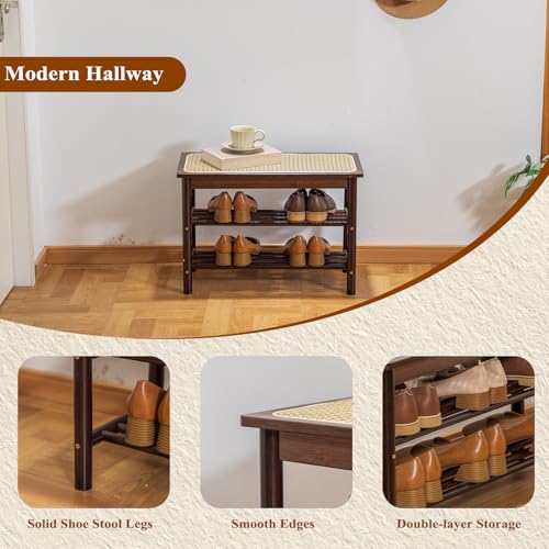 Bamboo Entryway Bench with Woven Rattan Seat, 2-Tier Shoe Storage Bench for Hallway & Entryway, 23.62 inches Walnut - color: Walnut, size: 23.6 inch