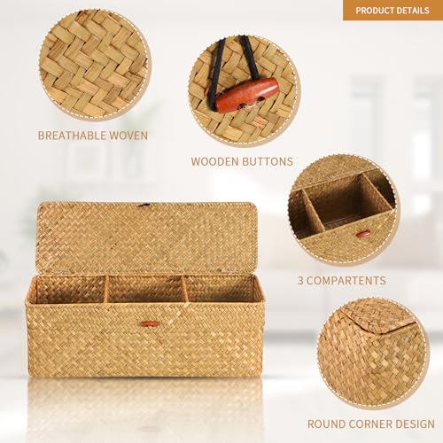 Moosky Wicker Shelf Baskets with Lid, Seagrass Basket for Storage Rectangular Woven Baskets Boxes 3-Section Home Decor Organizer (Natural Large) - color: Natural Large