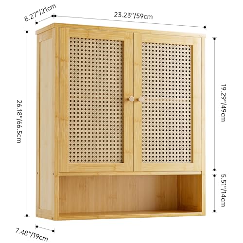 Bathroom Wall Cabinet, Bamboo Over-The-Toilet Storage Organizer with 2 Rattan Doors and Adjustable Shelf, Space Saver Medicine Cabinet for Laundry, Kitchen, Living Room (Natural) - color: Natural
