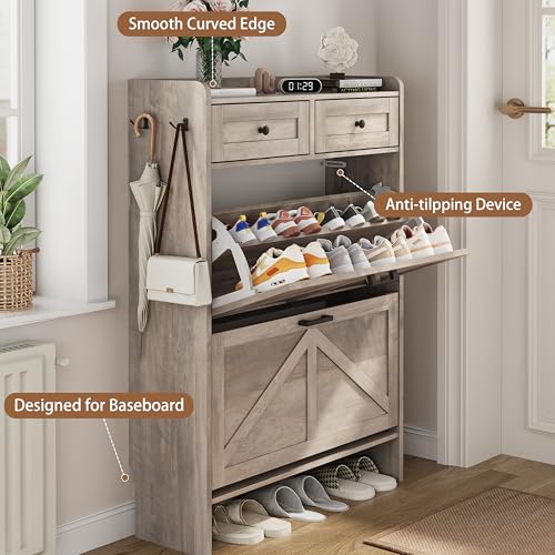Shoe Cabinet with 2 Flip Drawers & 2 Top Drawers, 43" Tall Freestanding Narrow Wooden Shoe Storage Organizer for Entryway, Hidden Slim Shoe Rack for Front Door Entrance, Hallway, Living Room, Grey - color: Grey, size: 2 Flip Drawers