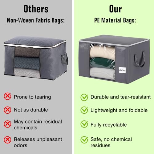 YGEOMER 6 Pack Heavy Duty Blanket Storage Bags Clothes Storage Foldable Closet Organizers Containers with Reinforced Handle for Clothing, Blanket, Comforters, Bed Sheets, Pillows and Toys, Grey 60L - size: 60L