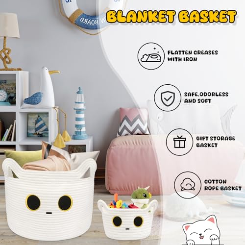 Small Storage Cute White Cat Cotton Rope Woven Basket for Nursery, Blanket Basket Organizer With Ears Toy Storage Bin Box 8.5×4.5 inches - color: White, size: 9 × 5 inches