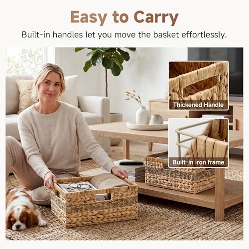 StorageWorks Jumbo Rectangular Wicker Basket, Water Hyacinth and Seagrass Storage Basket with Built-in Handles, 1 Pack - color: Natural (Water Hyacinth with Seagrass), size: 16 ½"L x 13"W x 7 ½"H