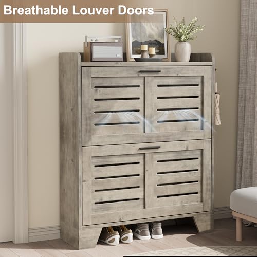 IDEALHOSUE Shoe Cabinet Storage for Entryway, Slim Shoe Storage Cabinet with 2 Flip Drawers, Freestanding Hidden Narrow Shoe Organizer Cabinet with Hooks for Entrance, Foyer, Hallway, Gray - color: Grey, size: 2-Drawers