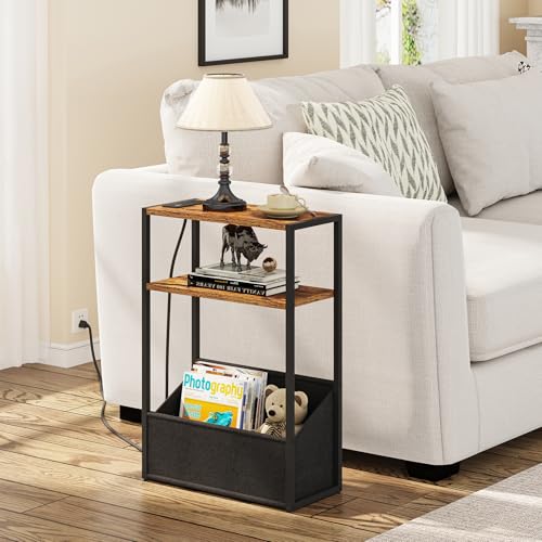 TUTOTAK Narrow Side Table, Small End Table with Charging Station, Nightstand with Fabric Basket, Bedside Table for Small Space, Livingroom, Bedroom Brown TB01BB095 - color: Brown