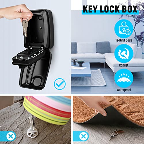 Key Lock Box for Outside, Sturdy Waterproof Wall Mount Lock Box for House Key, 12-Digit Combination Resettable Large Capacity Security Lockbox for Home, Garage, Office, Warehouse - color: A-Black