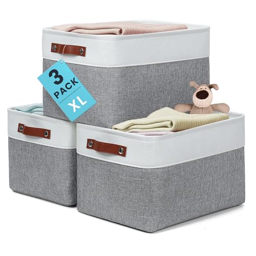 OrganiHaus Extra Large Fabric Storage Baskets for Shelves 3 Pack, 16x13in Closet Storage Bins, Canvas Baskets for Organizing, Linen Closet Organizers, Cloth Basket, Gray/Off-White - color: Gray / Off-White, size: Extra Large - 3pc