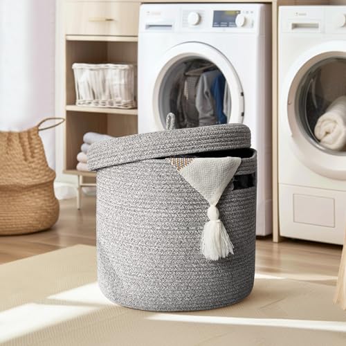 Storage Basket with Lid, Woven Blanket Storage for Living Room, Soft Cotton Rope Bin with Lid, Round Wicker Laundry Basket with Cover, Lidded Kid Dog Toy Box, Nursery Organizer, 15"x13", Gray - color: Gray