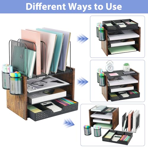 AUPSEN Desk Organizer with 5 Vertical File Holders, Storage Drawer & 2 Pen Holders, 5 Trays Paper Letter Tray Organizer, Mesh Desk Organizers and Accessories for Home Office (Vintage wood) - color: Vintage wood