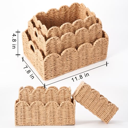 Scalloped Wicker Baskets, Set of 3 Hand-Woven Storage Baskets with Handles - Paper Rope Shelf Organizers & Decorative Baskets for Shelves, Closet, Bathroom (Tan） - color: Tan