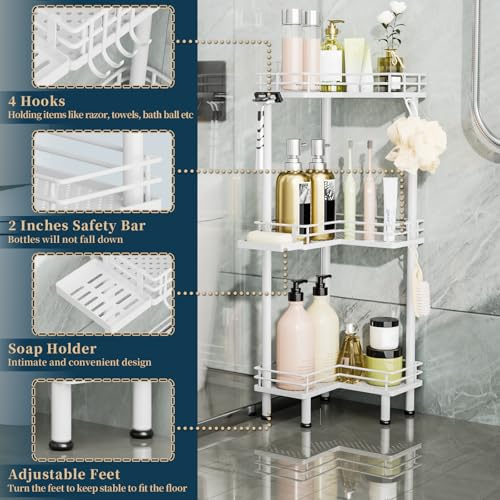 Consumest Corner Shower Caddy Standing - 3-Tier Stainless Steel Shower Organizer with Soap Holder and 4 Hooks, Large Capacity Corner Shelf Stand for Bathroom, Rest Room, White - color: White, size: 3 Tier