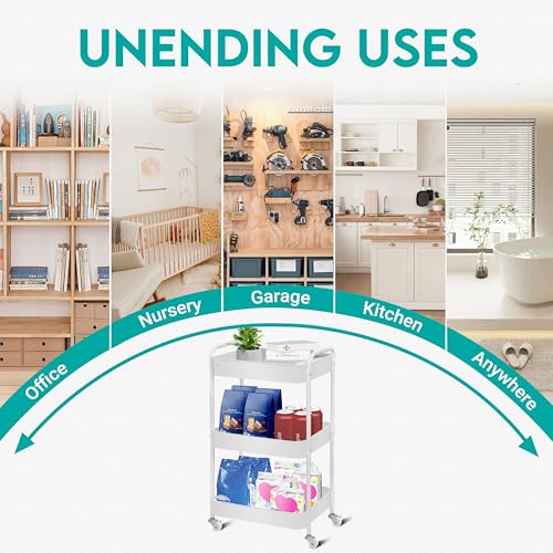 ZOES HOMEWARE 3 Tier Rolling Cart, Metal Utility Cart with 4 Hooks, Rolling Storage Cart on Wheels, Small Organizer Cart for Nursery, Kitchen, Living Room, Bathroom, White - color: White