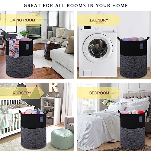 COMSE Extra Large Blanket Basket, Tall Woven Storage Basket, Nursery Hamper, 15.7”x 21.7”, Cotton Rope Laundry Hamper for Toys Clothes Towels, Black - color: Black
