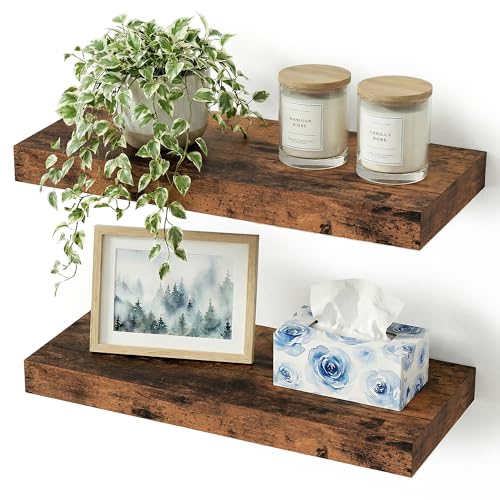 Vivelove Bathroom Floating Shelves for Wall 16 inchs Long, Display Shelves with Invisible Brackets for Living Room, Bedroom, Kitchen, Shelves Over Toilet Farmhouse Home Decor - Set of 2, Rustic Brown - color: Rustic Brown, size: 16”Wx6.7”Dx1.4”H