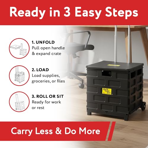 dbest products Quik Cart Pro Wheeled Rolling Crate Teacher Utility with seat Heavy Duty Collapsible Basket with Handle, Aluminum, Black - color: Black, style: Pro