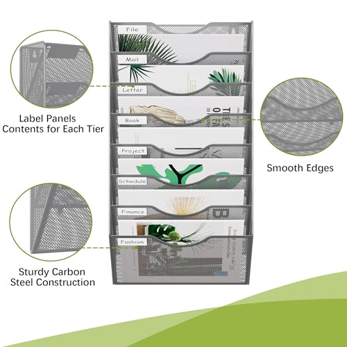 EasyPAG 8 Pocket Mesh Wall File Organizer, Hanging Paper Folder Holder with Classify Label, Vertical Wall Mount Mail Organizer for Office Home Classroom, Silver - color: Silver, size: 8 Tier
