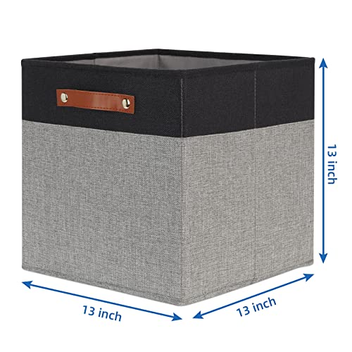 Temary 13 x 13 Storage Cubes Foldable Storage Cubes 4 Pack Canvas Storage Bin for Home, Square Storage Baskets with Leather Handles (Black&Grey) - color: Black&Grey, size: 13×13×13