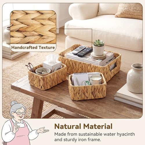 GRANNY SAYS Small Wicker Baskets for Shelves 3 Pack, Wicker Storage Baskets with Handles, Water Hyacinth Woven Basket for Organizing Counter, Toilet, Pantry, Living Room Storage - color: Narural, size: 13"L x 9"W x 4"H + 2x 7¾"L x 5¾"W x 3½"H