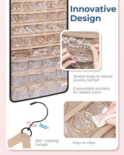 BAGSMART Hanging Jewelry Organizer, Necklace Holder Anti-tangle Earrings Rings Hanger with Pockets Hang on Closet, Wall, Door,1 Piece, Extra Large Black - color: Black, size: X-Large - Standard