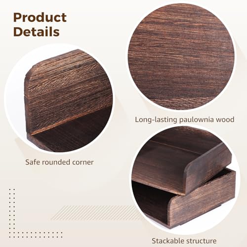 2 Pcs Stackable Desk Tray, Wood Document Organizer, Retro Brown Desktop Accessories with Open Front Design, Wooden Folder Organization Rack Desk Tray for Office, Home, 12.4 x 9.4 x 3.5 in