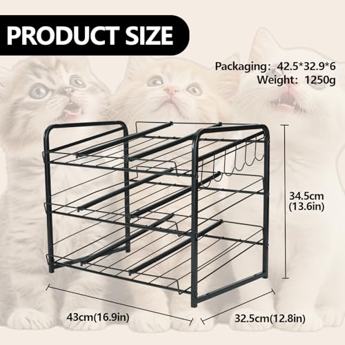 Iron Cat Food Container, Can Organizer for Pantry, Pet Food Storage Containers, 3-Tier Can Stackable Storage Rack with 6 Fixed Hooks, Canned Goods Organizer for Countertop Kitchen Cabinet, Black