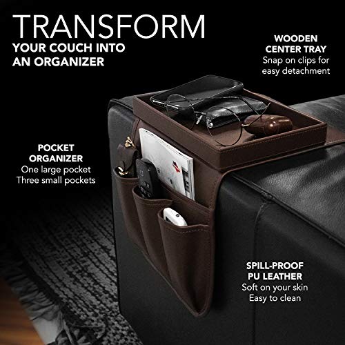 NEATOPA Couch Remote Caddy Control Holder Sofa Organizer with Detachable Wooden Snack Tray for Recliner Mattresses Chair Armrests with 4 Slots - 1 Large Pockets and 3 Small Pockets (Brown) - color: Brown