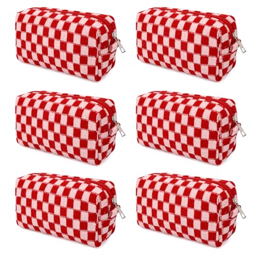 SOIDRAM Makeup Bag Preppy Cosmetic Bag Bulk Makeup Pouch Personalize Travel Toiletry Bag Organizer Cute DIY Makeup Brushes Storage Bag for Women - color: Red checkered, size: 6 Pack