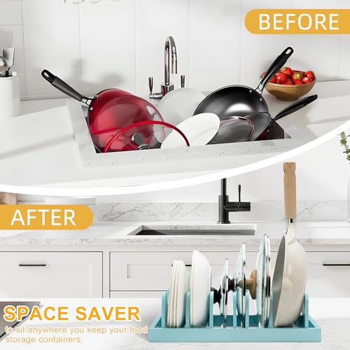 MinBoo Bamboo Pot Lid Organizer Pot Lid Holder, Pot and Pan Organizer Drawer Organizer for Pot Lids, Pans, Dinner Plates, Reusable Containers in Cabinet Storage,Blue - color: Blue