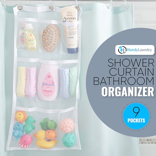 Handy Laundry Shower Curtain Bathroom Organizer -9 Pockets- Perfect for Organizing Home Bath, Your Toiletries and kid's Toys in Nine Durable Deep Mesh Pockets. Hang on Existing Shower Curtain Rings. - color: Hanging White