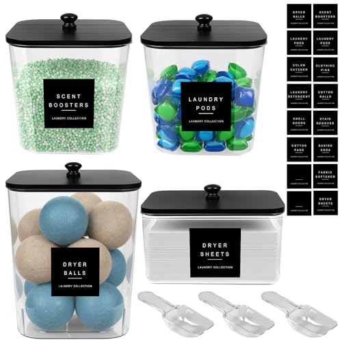 POLRAI 4 Pack Laundry Pod Containers and Dryer Sheet Holder with Bamboo Lids and Labels Laundry Room Organization Containers for Scent Booster Powder Detergent Pods Storage - color: Black, size: 2+1+1 Pack