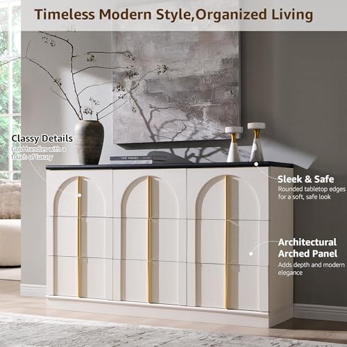 ACCOHOHO Arched Dresser for Bedroom with 9 Drawers, 52" Wide Modern Chest of Drawers with Rounded Edge & Metal Handles, Wood Storage Closet Dressers TV Stand for Living Room, Hallway, White - color: White, size: 15.6"D x 52"W x 32"H (9 Drawers)