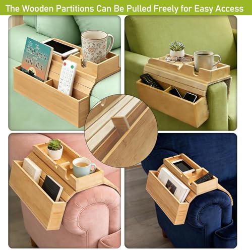 Bamboo Couch Armrest Table with Side Pocket, Anti-Slip Sofa Arm Tray & Tv Remote Holder and Cup Holder Tray, Perfect for Holding Drinks, Snacks, Remotes, Cups, and Phones