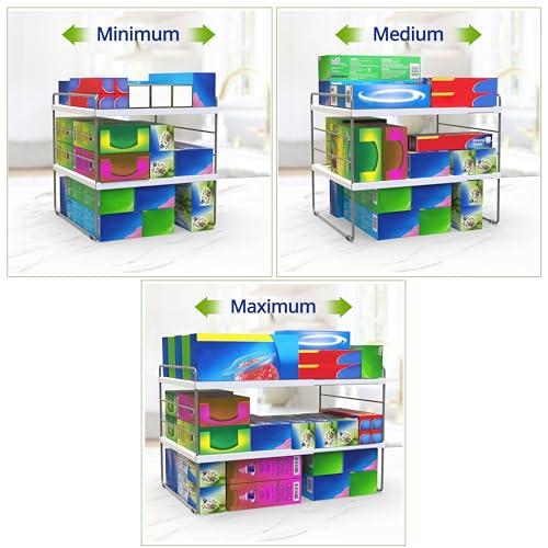 YAN & HIN 2 Pack Expandable Cabinet Organizer Shelf, 3-Tier Kitchen Cabinet Organizer for Tupperware & Food Container Storage, Adjustable Pantry Shelf Organizer for Bottles, Lids & Countertop - size: Set of 2