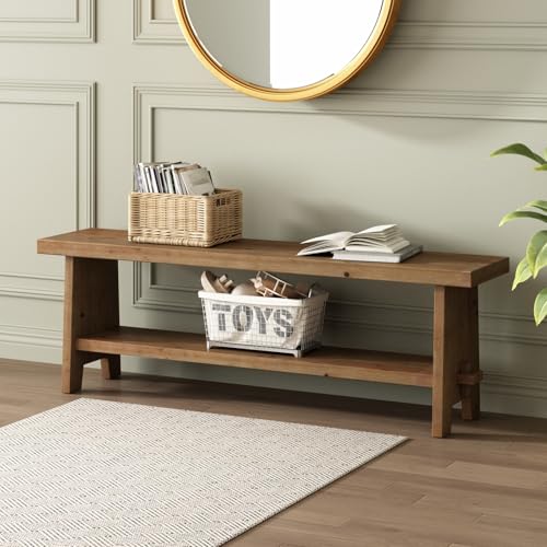 HOKYHOKY Solid Wood Entryway Bench - 54.3" Farmhouse Long Storage Bench, Rustic Narrow Bench Seat for Indoor, Entryway, Dining Room, Living Room and Hallway, Brown - size: 54.3"