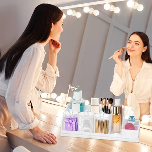 Bathroom Counter Organizer, Large White Silicone Toothbrush Holders for Bathrooms with 3PCS Qtip Holder, Bathroom Organizer Countertop Toothbrush and Toothpaste Holder for Makeup Organizer for Vanity - color: White With 3pcs Clear Dispenser