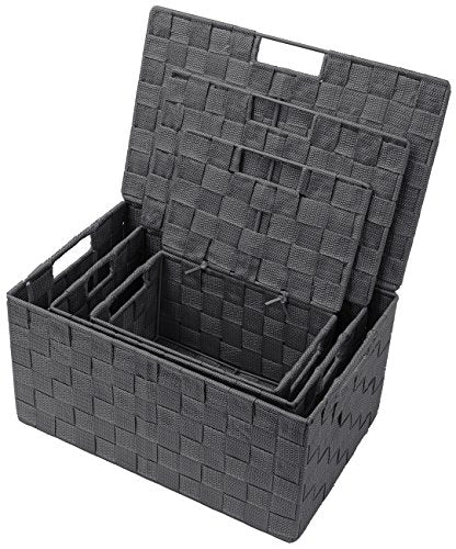 Sorbus Set of 3 Hand-Woven Storage Baskets with Lids – Mesh Organizers for Linen Closet, Shelves, or Home Storage – Variety Pack (Gray) - color: Gray