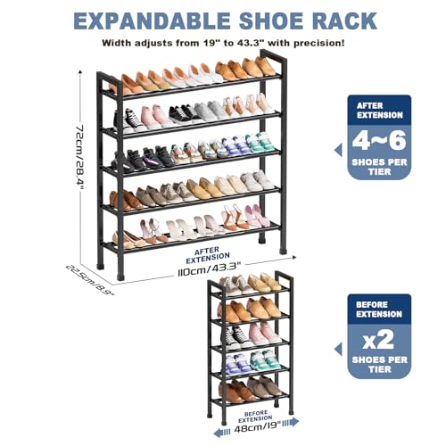 Mavivegue 5-Tier 19"-43.3" Adjustable Shoe Rack for Closet,Expandable Shoe Rack, Hall Entryway,Front Door,Garage, Sturdy Steel Space-Saving Rack, Black - color: Black, size: 5 Tier