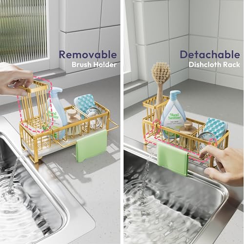 SWTYMIKI Sponge Holder for Kitchen Sink - Sink Caddy with Brush Holder Self-draining Sponge Caddy Organizer with Divider Stainless Steel Kitchen Accessories Storage for Countertop, Gold - color: Gold