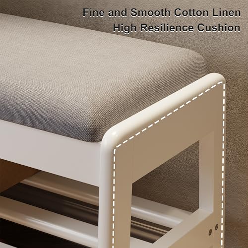 AQIMUELE Shoe Rack Bench,2 Tiers Shoe Bench with Storage with Flip-Top,Wood Shoe Rack for Entryway,Hallway（White Upholstered Seat,11.8" D x 23.62" W x 15.7" H） - color: White Upholstered Seat, size: 11.8"D x 23.62"W x 15.7"H