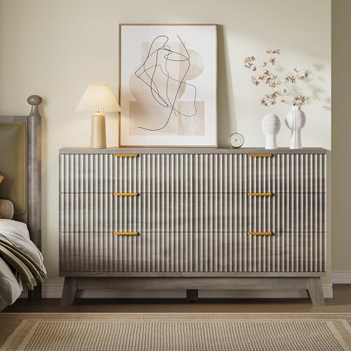 BORNOON Fluted 6 Drawer Dresser, 47.2" Wide Modern Boho Chest of Drawers, Wooden Storage Dresser TV Stand for Bedroom, Living Room, Closet, Hallway, Curved Profile Design - color: Rustic Drift, size: 6-Drawer